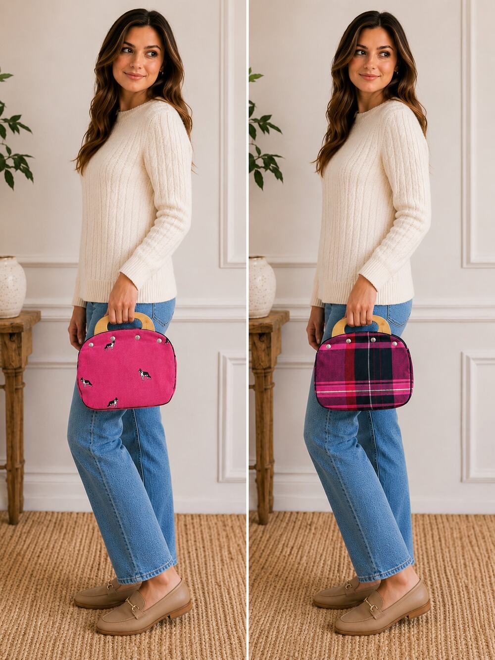 Lilly Pulitzer VTG 80s Pink Corduroy Boston Terrier Bermuda Bag Wooden Handles